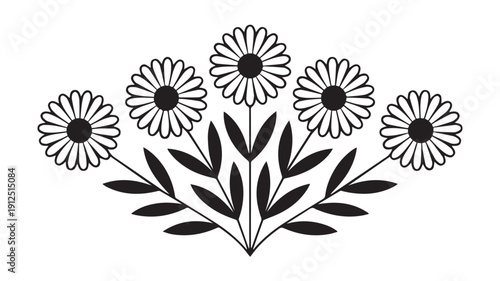 Decorative floral arrangement of five stylized daisies with leaves, in a symmetrical fan shape