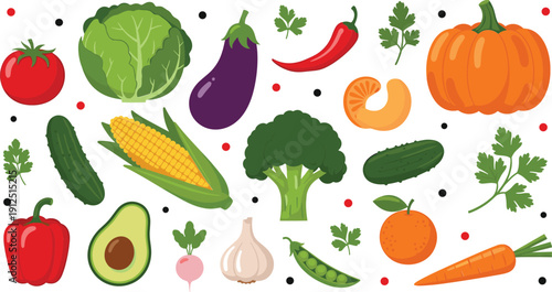 Colorful vegetables and fruits vector set with fresh organic food elements for healthy cooking illustration
