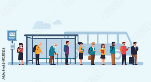 Diverse group of people waiting in line at a bus stop.