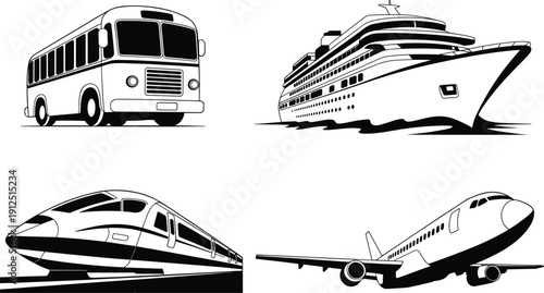 Set of Transport Vector Icons Including Airplane, Cruise Ship, High Speed Train, and Bus for Travel, Logistics, Tourism, and Infrastructure