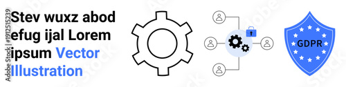 Gear, connected user icons, lock, and blue GDPR shield illustrate data governance, cybersecurity, user privacy, compliance management, technology, secure systems ideal for a simple landing page