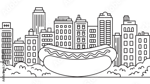 Hot Dog Food Graphic With Cityscape Buildings In Black And White Line Art