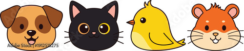 Cute animal face vector set with dog cat bird and hamster characters for kids and pet design