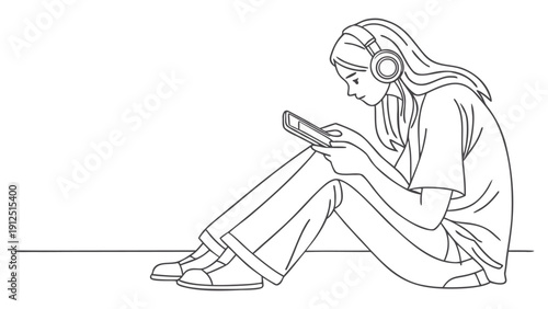 Young person sitting on floor with headphones using smartphone line black and white