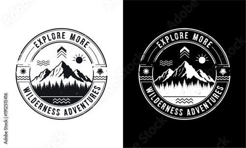Explore More Wilderness Adventures Mountain Forest Sun Badge Logo Design.