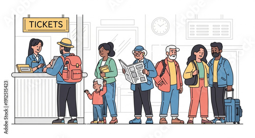 Diverse group of people waiting in line at a ticket counter.