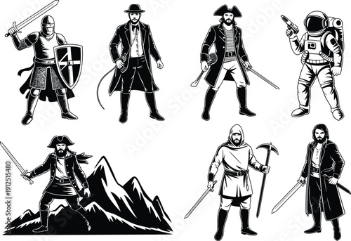 Set of vintage monochrome hand drawn characters including medieval knight, pirate captain, astronaut with laser gun, explorer, and hooded fantasy warrior