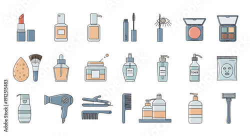 Collection of various beauty and cosmetic products arranged neatly.