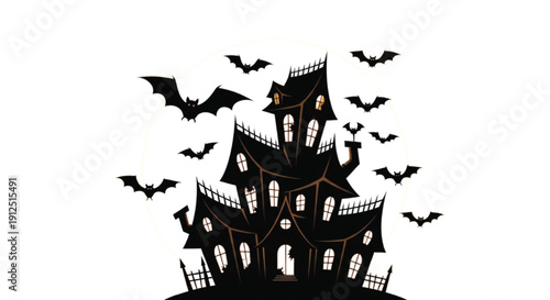 A spooky Halloween vector illustration featuring a haunted castle silhouette under a full moon with bats flying across a dark night sky and a scary pumpkin near a twisted autumn tree