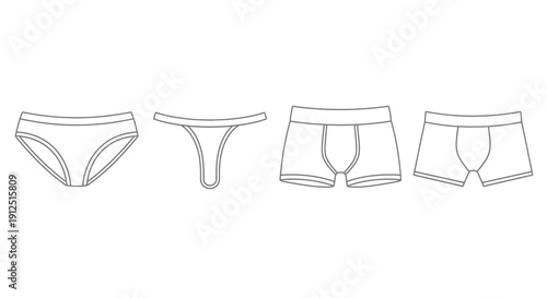 Set of line art icons of different types of underwear for men and women
