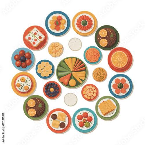 Colorful plates of food arranged in a circle on white background