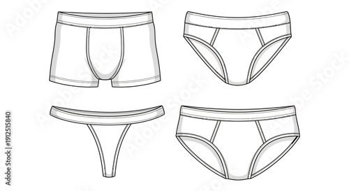 Set of Men's Underwear Styles: Boxer Briefs, Briefs, and Thong - Fashion Sketch