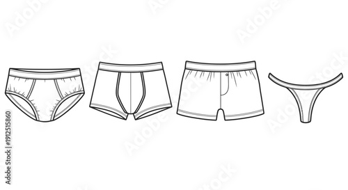 Set of Men's Underwear Types: Briefs, Boxer Briefs, Boxers, and Thong