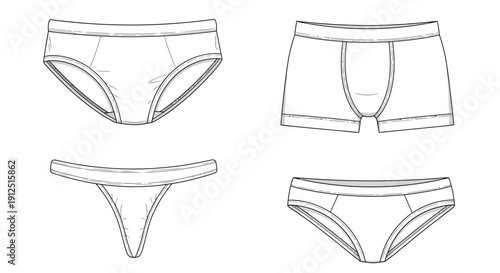 Set of Men's Underwear Types: Briefs, Boxer Briefs, Thong, Bikini - Fashion Sketch