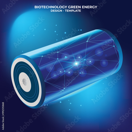 Futuristic Blue Biotechnology Lithium battery with integrated luminescent electric light, glowing in sustainable neon greens. Eco-friendly, sci-fi design. Green. Ecological. Renewable. Environmentally