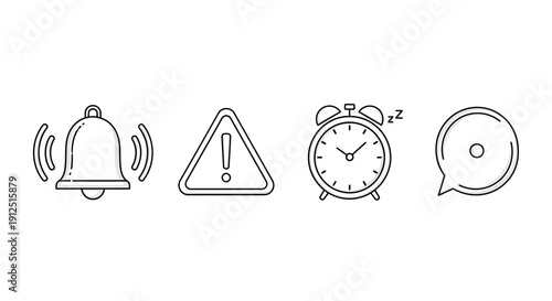 Set of notification icons: bell, warning, alarm clock, speech bubble