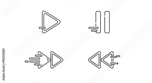 Set of Playback Icons: Play, Pause, Fast Forward, Rewind - Line Art