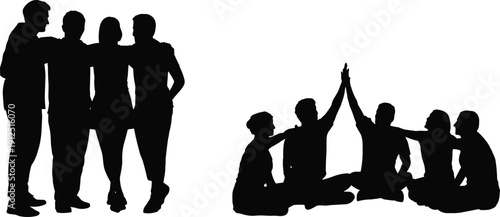 Silhouette collection of diverse people standing in a huddle and sitting in a circle for support team building and celebrating success