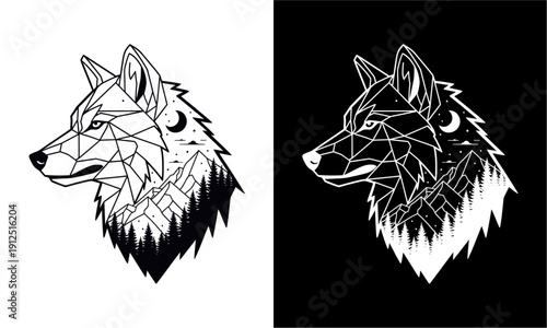 Geometric Wolf Head with Mountain and Moon Design.