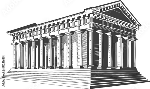 Classical ancient greek temple with detailed doric columns and stepped base architectural illustration