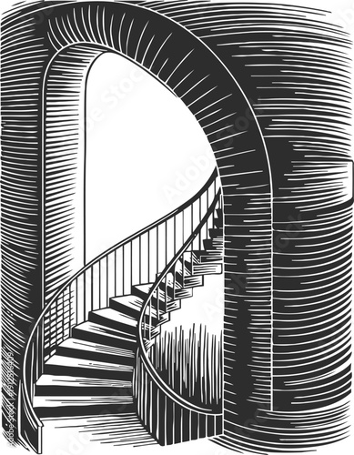 Curved spiral staircase inside arched doorway vintage architectural design with detailed shading and railing