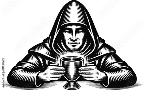 Mysterious hooded monk holding chalice with both hands in black and white vintage