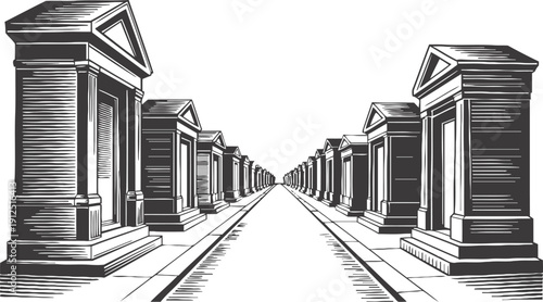 Row of classical mausoleum tombs along a paved walkway in a cemetery perspective illustration