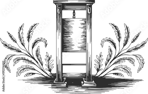 Vintage guillotine execution device with wooden frame and sharp blade, historical justice tool illustration
