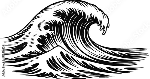 Black and white stylized ocean wave illustration with curling crest and dynamic water motion