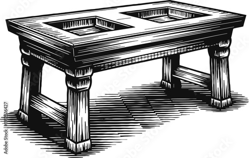 Vintage wooden washstand with two basins, classic bathroom furniture illustration