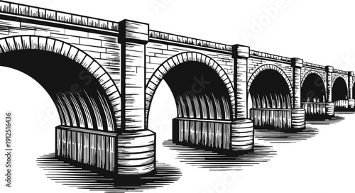 Historic stone arch bridge with water reflections in black and white vintage illustration