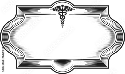 Vintage medical label frame with caduceus symbol and decorative engraved border design