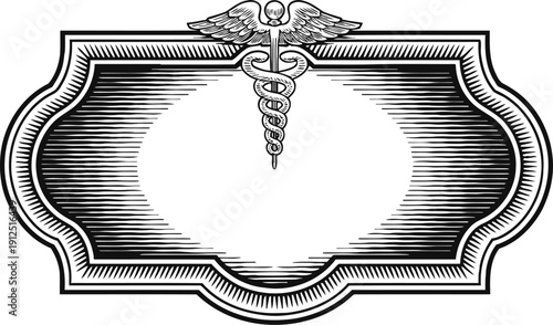 Vintage medical caduceus emblem with ornate frame and blank space for text or label design