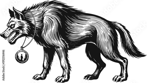 fierce wolf with a snarling expression and a medallion hanging from its neck in detailed black and white illustration