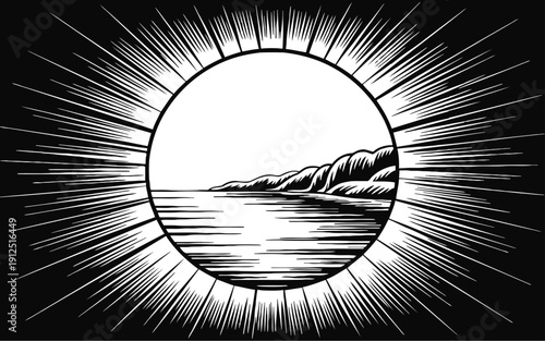 Black and white circular sunburst frame with ocean waves and distant hills silhouette