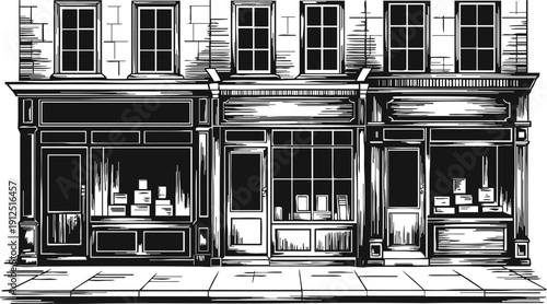 Vintage storefronts with large display windows and classic architectural details in monochrome line art