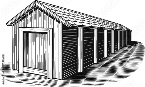 Long wooden covered bridge with shingled roof and vertical plank siding