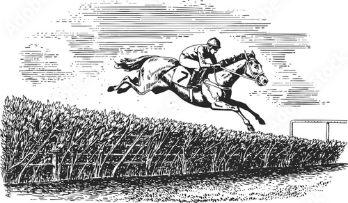 Jockey racing horse jumping over tall fence, equestrian steeplechase competition scene in vintage