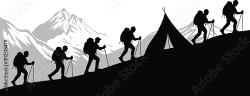 Silhouette of a group of six hikers with backpacks and trekking poles climbing a steep mountain ridge past a tent