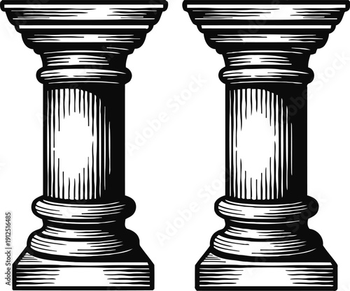 Classic wooden columns with detailed woodcut shading and grooves in vintage