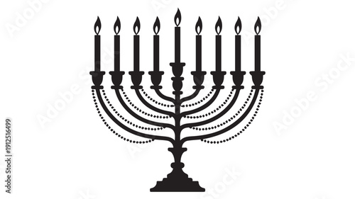 Timeless Black Silhouette of a Ceremonial Nine-Branched Candelabrum with Lit Flames