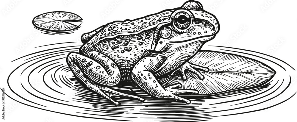 Obraz premium Detailed black and white illustration of a frog sitting on a lily pad in water with ripples