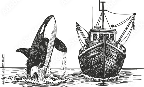 Orca jumping next to old wooden fishing boat seascape vintage hand drawn illustration