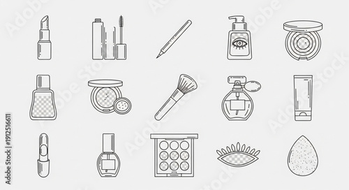 Collection of hand-drawn makeup and beauty products.