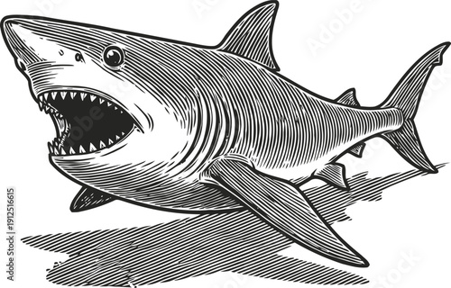 great white shark illustration open mouth, sharp teeth ocean predator, underwater wildlife drawing
