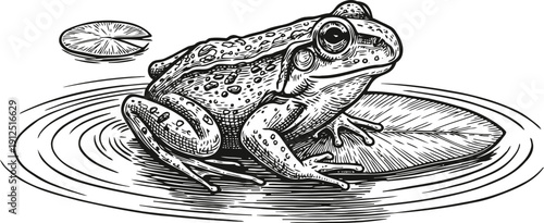 Detailed black and white illustration of a frog sitting on a lily pad in water with ripples
