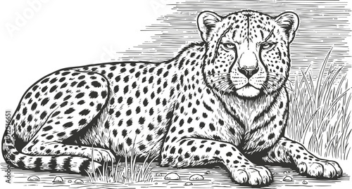 Cheetah lying on ground with grass detailed hand drawn sketch, wild animal resting in savannah nature