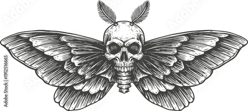Skull moth illustration with detailed wings and skeletal body, gothic horror artwork