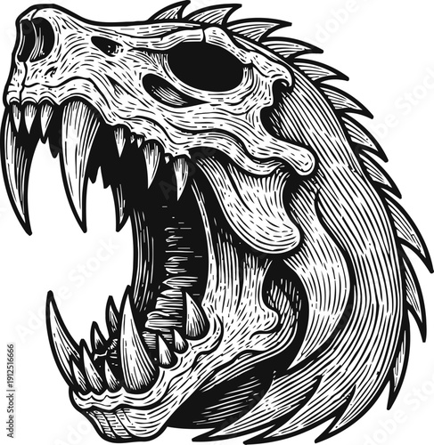 roaring dinosaur skull with sharp teeth detailed line art illustration