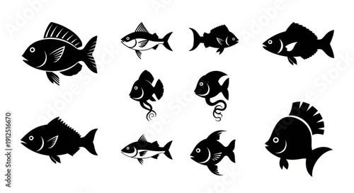 Collection of Diverse Fish Silhouettes Isolated on White Background.